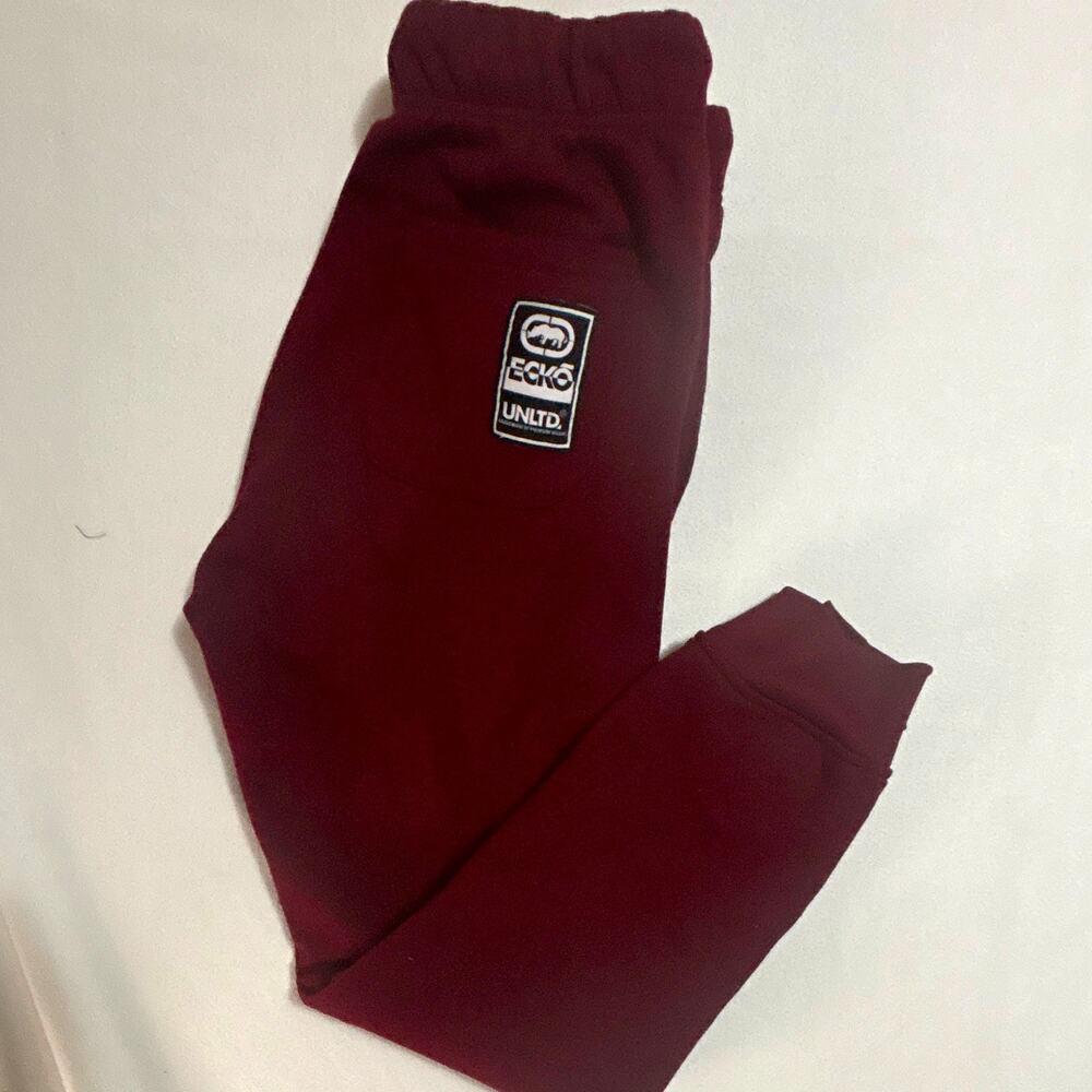 Ecko Unltd Mens S Burgundy Fleece Sweatpants Logo Drawstring Elastic Pockets